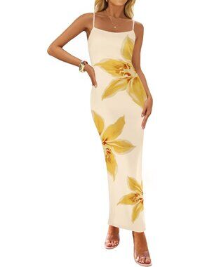 Women’s Apricot Floral Bodycon Maxi Square Neck Boho Beach Summer Long Dress